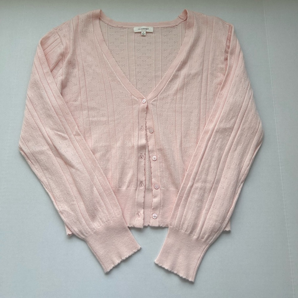 No Comment Light Blush Pointelle V-Neck Button Cardigan
